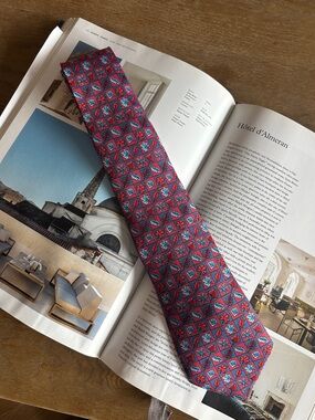 HERMES Red and Blue Floral Geometric Men's Tie